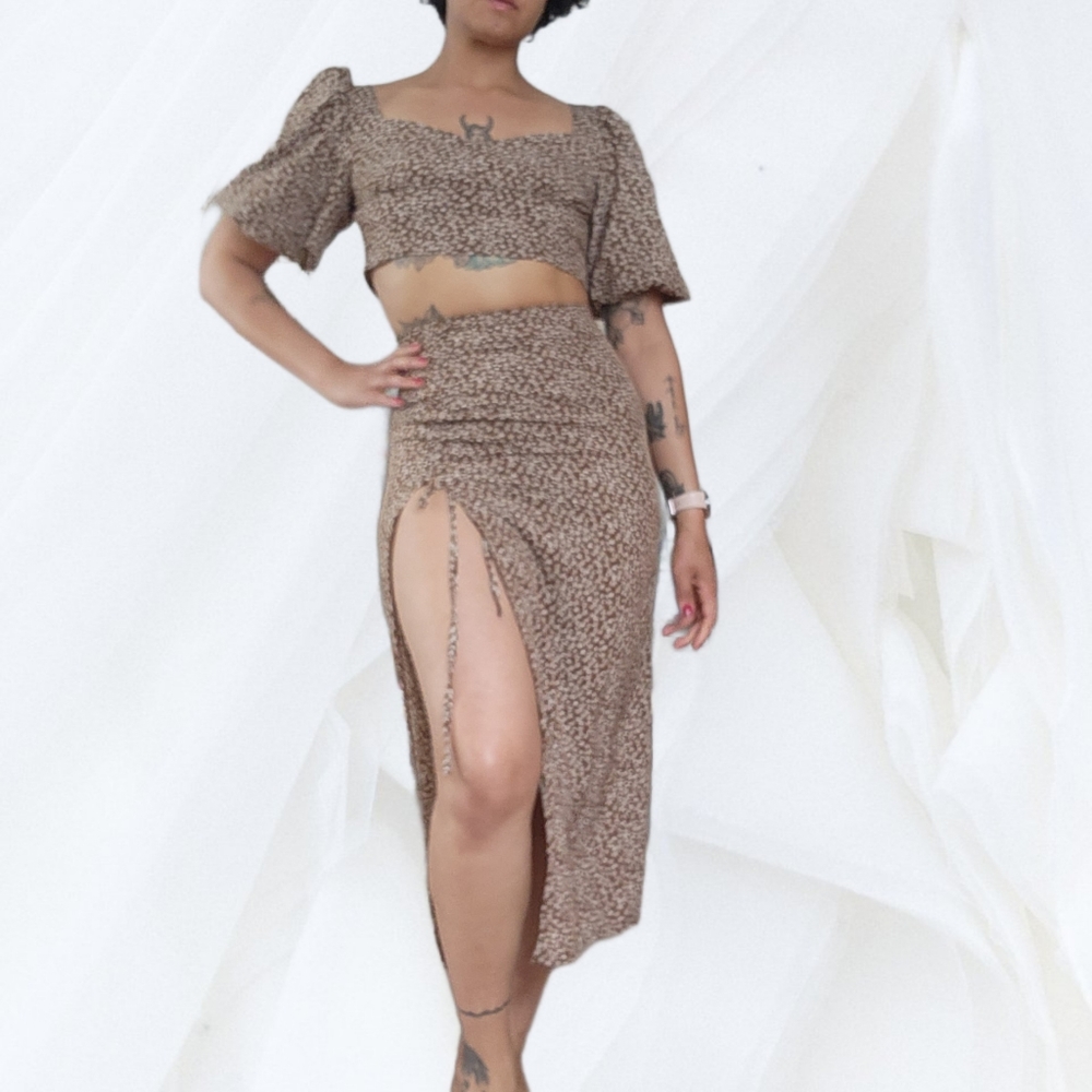 Shein 2-piece brown floral high slit skirt and top set size M